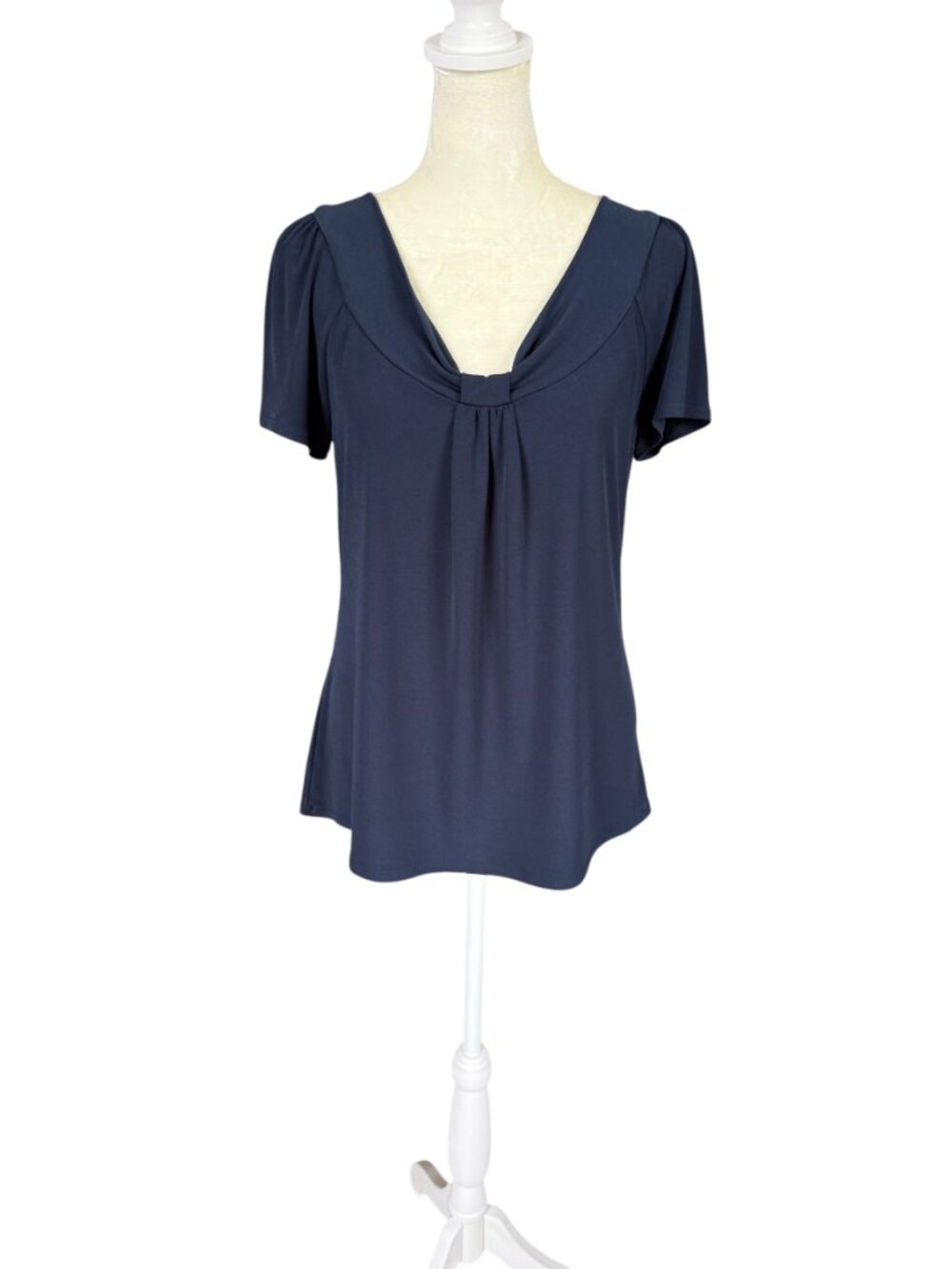 George blouse short sleeve dark navy blue knotted bow neckline size S 4-6